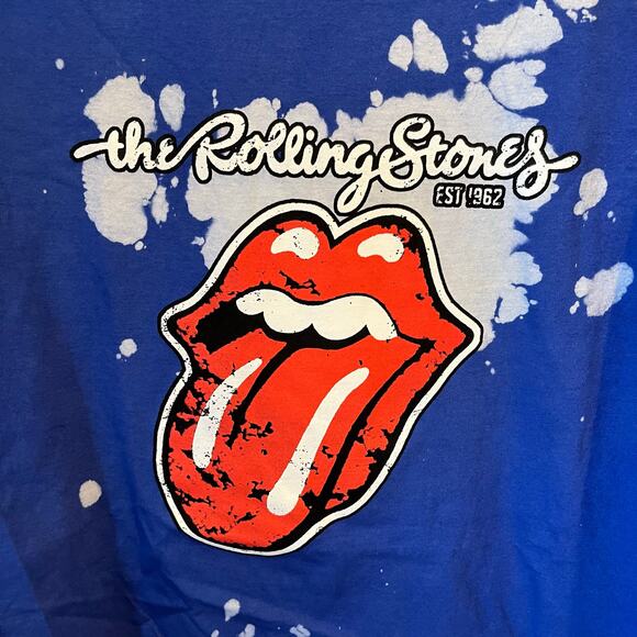 The Rolling Stones Hot Lips Logo Graphic Tee Bleach Tie Dye Blue White XL NWOT - Picture 4 of 4